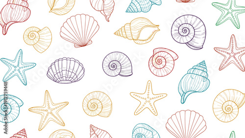 Colorful hand-drawn seamless pattern featuring various types of seashells and starfish scattered across a white background.
