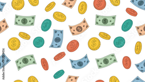 Seamless pattern of falling gold coins and paper money banknotes in various colors on a clean white background.