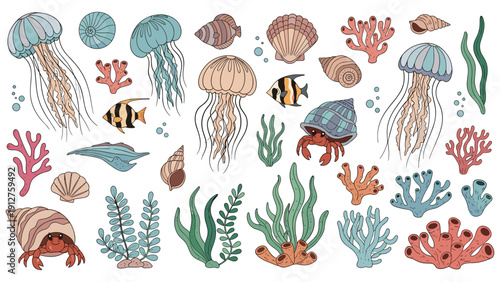 Colorful hand-drawn collection of marine life including jellyfish fish coral shells and crabs in soft pastel tones.