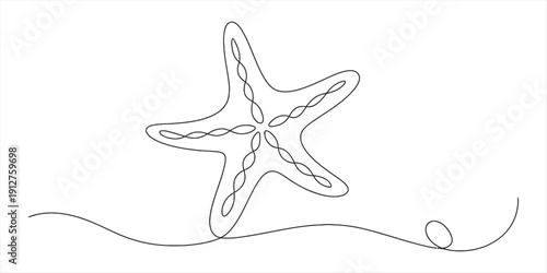 Simple black and white line drawing of a starfish resting on a wavy line on a white background. Vector, illustration