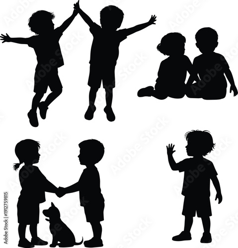 Kids silhouette set with children jumping, sitting, waving and shaking hands with a pet, black boy and girl figures isolated on white background.