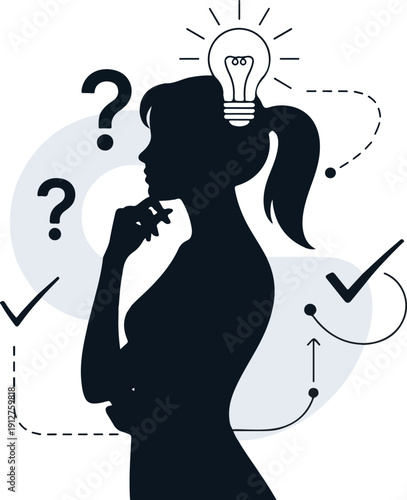 Silhouette of a Thinking Woman with Lightbulb Idea and Question Marks