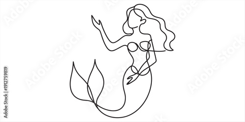 Minimalist continuous line drawing of a beautiful mermaid with long flowing hair and a tail Vector, illustration
