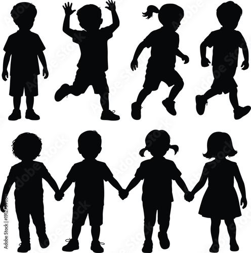 Children silhouette set with boys and girls standing, running, jumping and holding hands, black kid figures in different poses isolated on white background.