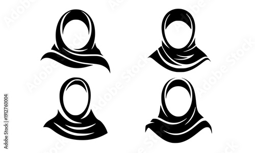 Muslim woman hijab icon set with four black silhouette avatars for profile, user interface, religious diversity, Islamic culture and modest female identity design concepts