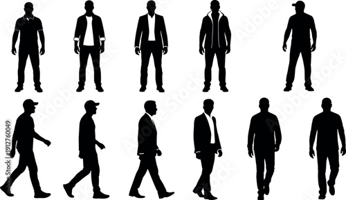 Set of male silhouettes in casual and formal outfits standing and walking in various poses for fashion and lifestyle design.