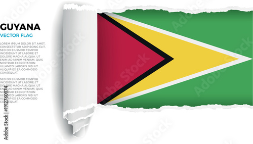 Flag of Guyana. Flag revealed through torn paper rolled up on a transparent background