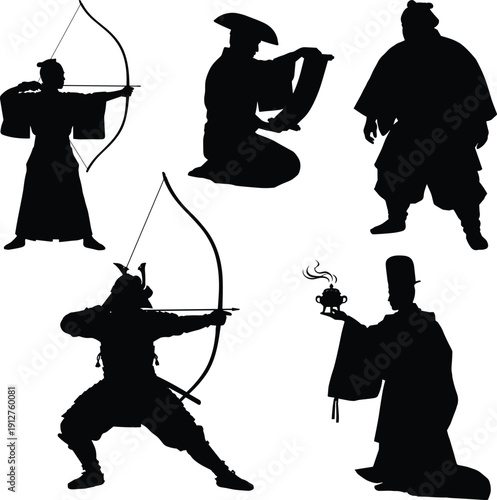 Japanese warrior and traditional character silhouette set featuring samurai, archer, monk and nobleman poses, black historical figures isolated on white background.