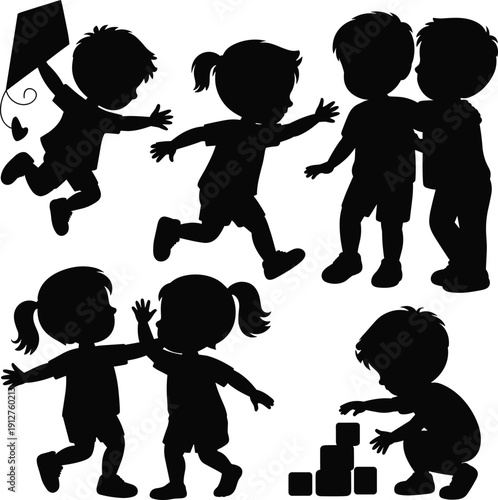Kids silhouette set with children playing, running, hugging, flying a kite and building blocks, black boy and girl figures isolated on white background.