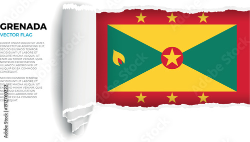 Flag of Grenada. Flag revealed through torn paper rolled up on a transparent background