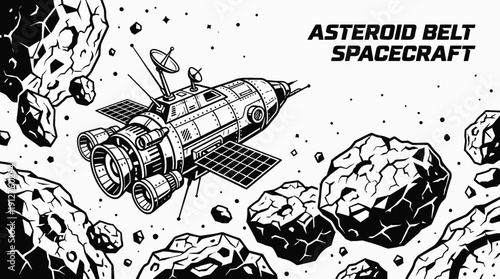 asteroid belt spacecraft spaceship navigating through rocky orbit within galaxy universe near distant planet and stars showing cosmic exploration mission