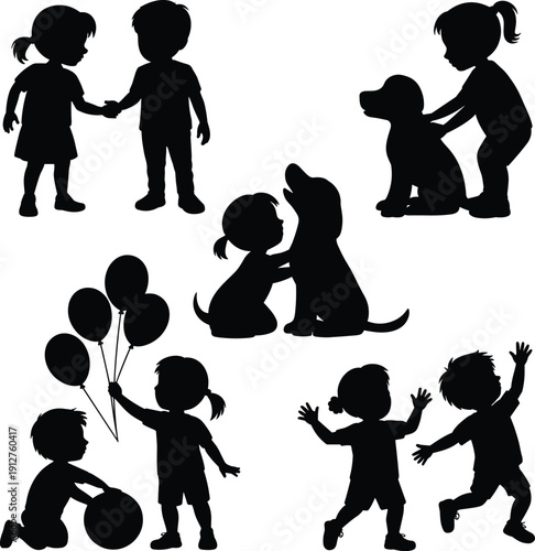 Kids and pet silhouette set showing children playing, holding hands, running, hugging dog and carrying balloons, black child figures isolated on white background.