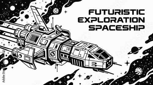 futuristic exploration spacecraft spaceship flying through galaxy universe beyond planet orbit surrounded by stars showing cosmic mission rocket propulsion technology innovation