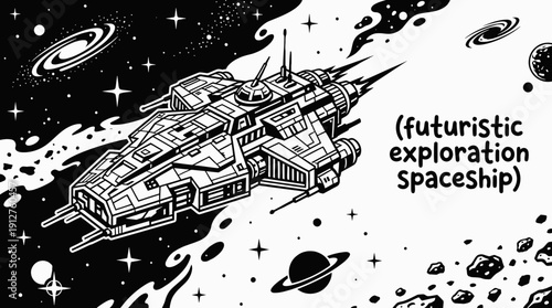 futuristic exploration spacecraft spaceship flying through galaxy universe beyond planet orbit surrounded by stars showing cosmic mission rocket propulsion technology innovation