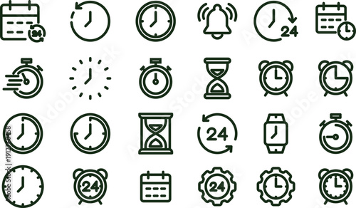 Time and Management Line Icon Set: Clocks, Calendars, Stopwatches, and Hourglass Symbols