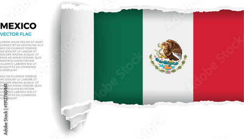 Flag of Mexico. Flag revealed through torn paper rolled up on a transparent background