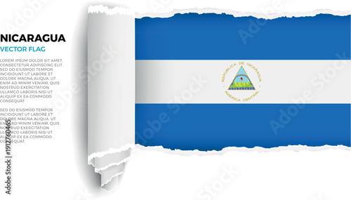 Flag of Nicaragua. Flag revealed through torn paper rolled up on a transparent background