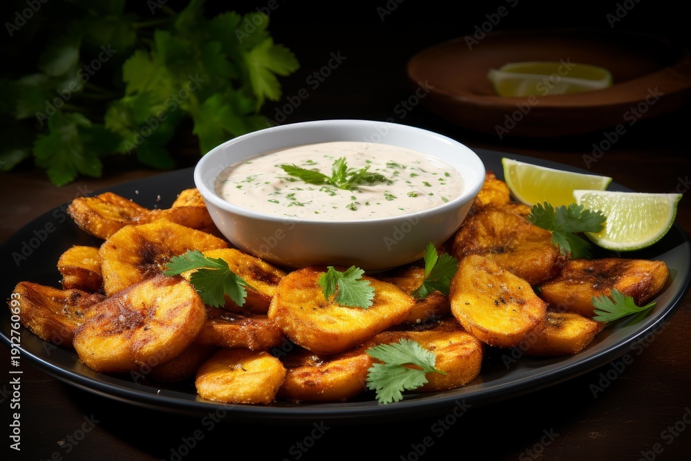 Fototapeta premium Golden brown fried plantain slices serving with creamy dipping sauce and lime wedges