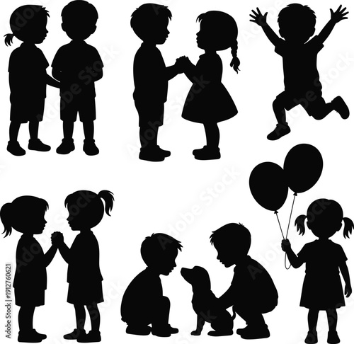 Cute kids silhouette set with boys and girls playing, talking, jumping, holding hands and balloons, black child figures isolated on white background vector.