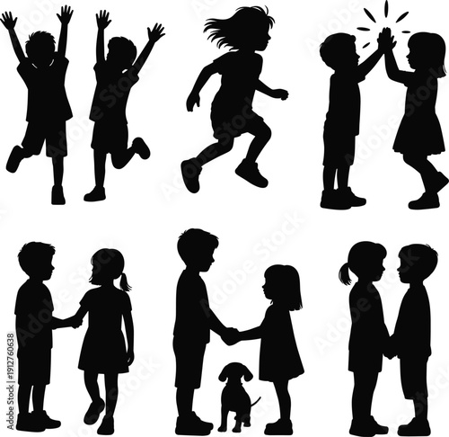 Children silhouette set showing kids playing, running, jumping, high five and holding hands, black boy and girl figures isolated on white background.