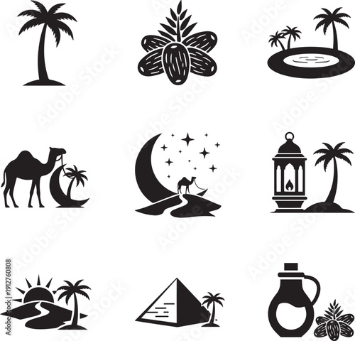 Middle eastern cultural icons featuring palm trees camels pyramids dates fruit and traditional lanterns for desert theme