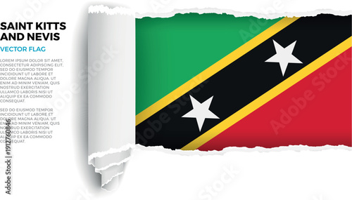 Flag of Saint Kitts And Nevis. Flag revealed through torn paper rolled up on transparent background