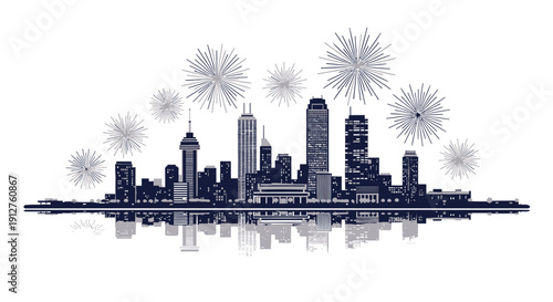 New York City skyline at night with fireworks isolated on white background
