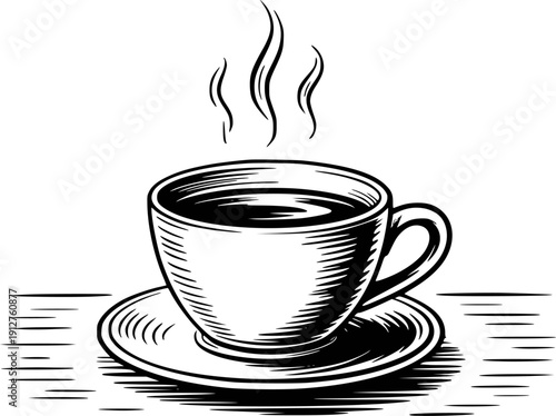 Black and white of a steaming cup of coffee a saucer drink