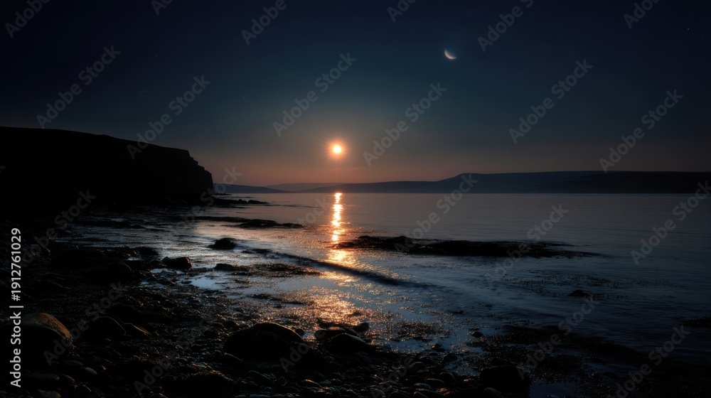 Fototapeta premium There’s shadows dancing on the shore There’s the moon quietly glowing In the star strung sky Waiting for the dawn To awaken the day You are always there Poised in the horizons