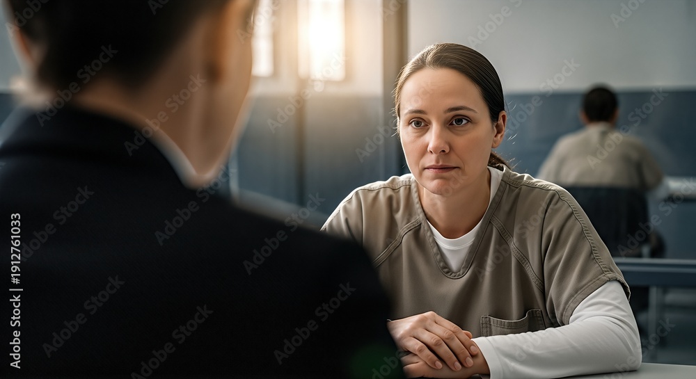 Fototapeta premium Lawyer consulting with female defendant in prison attire, discussing legal strategy in a courtroom setting, emphasizing the defense process and client-lawyer relationship
