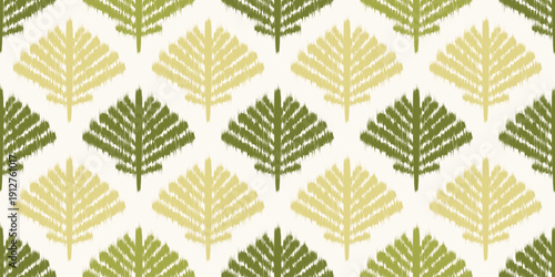 Ikat floral seamless pattern. Abstract green leaves on light background. Vector geometric rug textured tribal motif. Traditional oriental ornament for fabric and carpet design