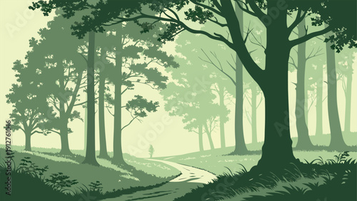 Vintage Style Illustration of a Sunlit Forest Path through Tall Temperate Trees and Woodland Foliage