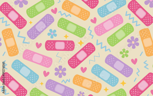 Colorful cartoon band aids and cute floral seamless pattern background bandaid plaster