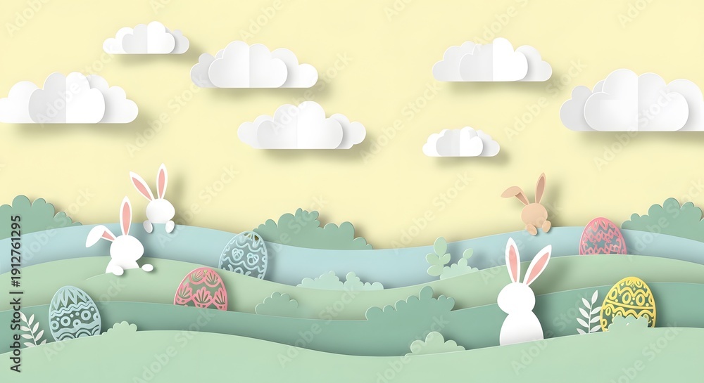 Naklejka premium Easter Bunny Landscape with Paper Cutout Style
