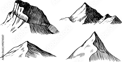Hand drawn collection of distinct mountain peaks in black ink white background mountains