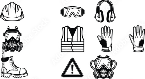 Set of essential personal protective equipment vector icons featuring hard hat, safety goggles, ear muffs, respirator mask, vest, and boots