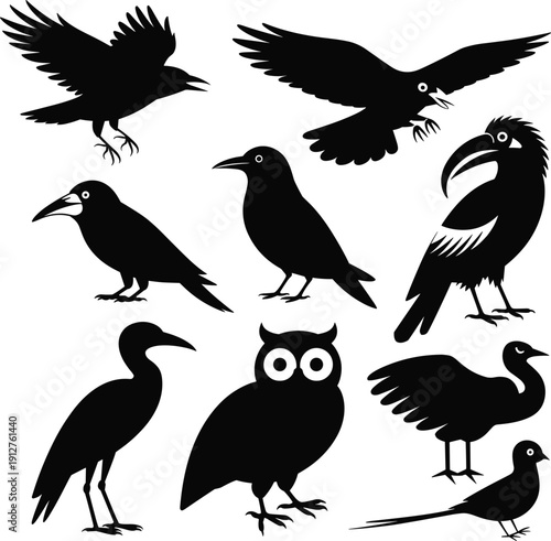 Bird silhouettes collection with flying and standing poses, black and white wildlife icons set including crow, owl, heron and toucan for design.