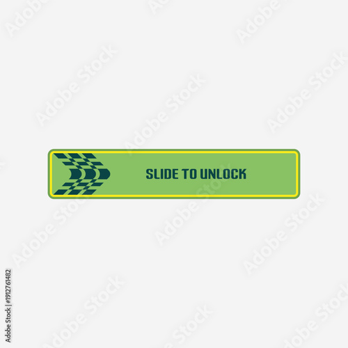 Vector illustration of a green sliding unlock button with a modern flat design. The rounded rectangle shape with an arrow motion effect is suitable for user interfaces