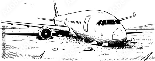 Hand drawn of a crashed airplane in a desolate landscape with birds flying transport