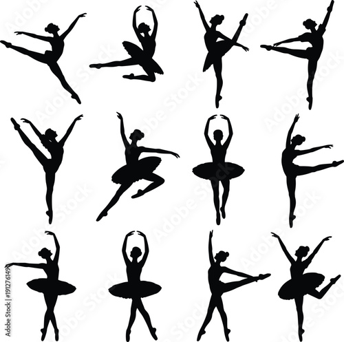 Ballet dancer silhouettes collection in various poses, black and white ballerina set for dance studio design, choreography, performance posters, fitness and artistic decoration.