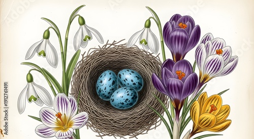 Wallpaper Mural Spring Nest with Eggs and Flowers Torontodigital.ca