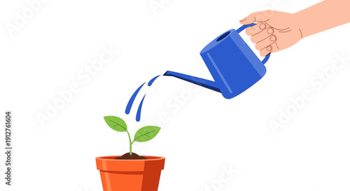 Hand Watering Seedling in Pot. Vector Illustration of Nurturing, Growth, Investment, and Business Development Concept on Isolated White Background.