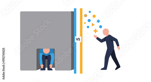 Comfort Zone vs. Opportunity: Conceptual illustration of overcoming barriers, introversion, and finding success, creativity, and motivation.