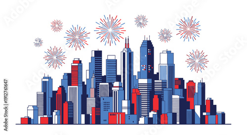 Vector city skyline with red, white, and blue buildings and fireworks on transparent background