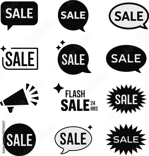 Sale label icon set with speech bubbles, flash sale badges, megaphone promotion symbols and discount stickers, black minimal vector illustration for marketing design.