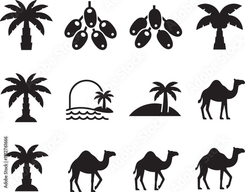Set of black desert elements including palm trees, dates, islands, and camels on transparent background