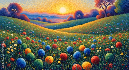 Wallpaper Mural Vibrant Meadow with Colorful Balls at Sunset Torontodigital.ca