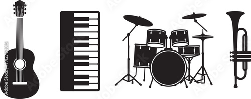 Musical instruments silhouette set, guitar piano keyboard drum kit trumpet black illustration