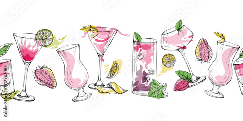 Rosy vector seamless banner of pink cocktails, Fresh juice glasses with berry, lime and mint accents. Ink strip hand drawn for beauty branding, recipe headers, event ribbons, packaging edges and blog.