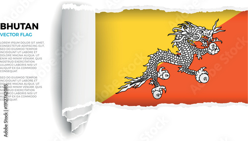 Flag of Bhutan. Flag revealed through torn paper rolled up on a transparent background